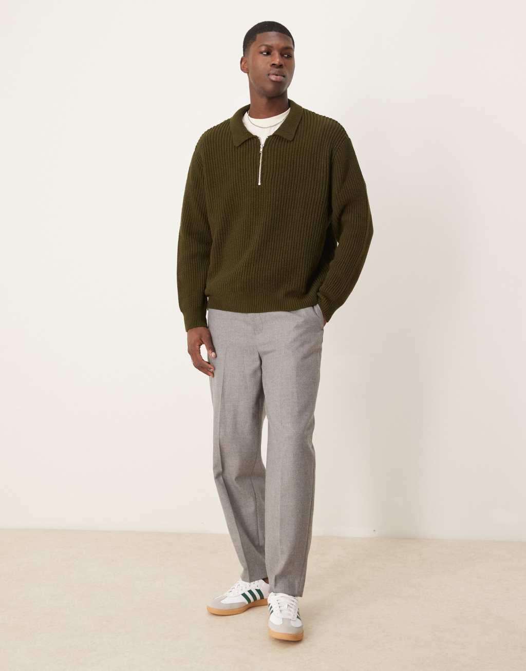 ASOS DESIGN oversized boxy fit fisherman ribbed knitted quarter zip polo in dark green Product Image