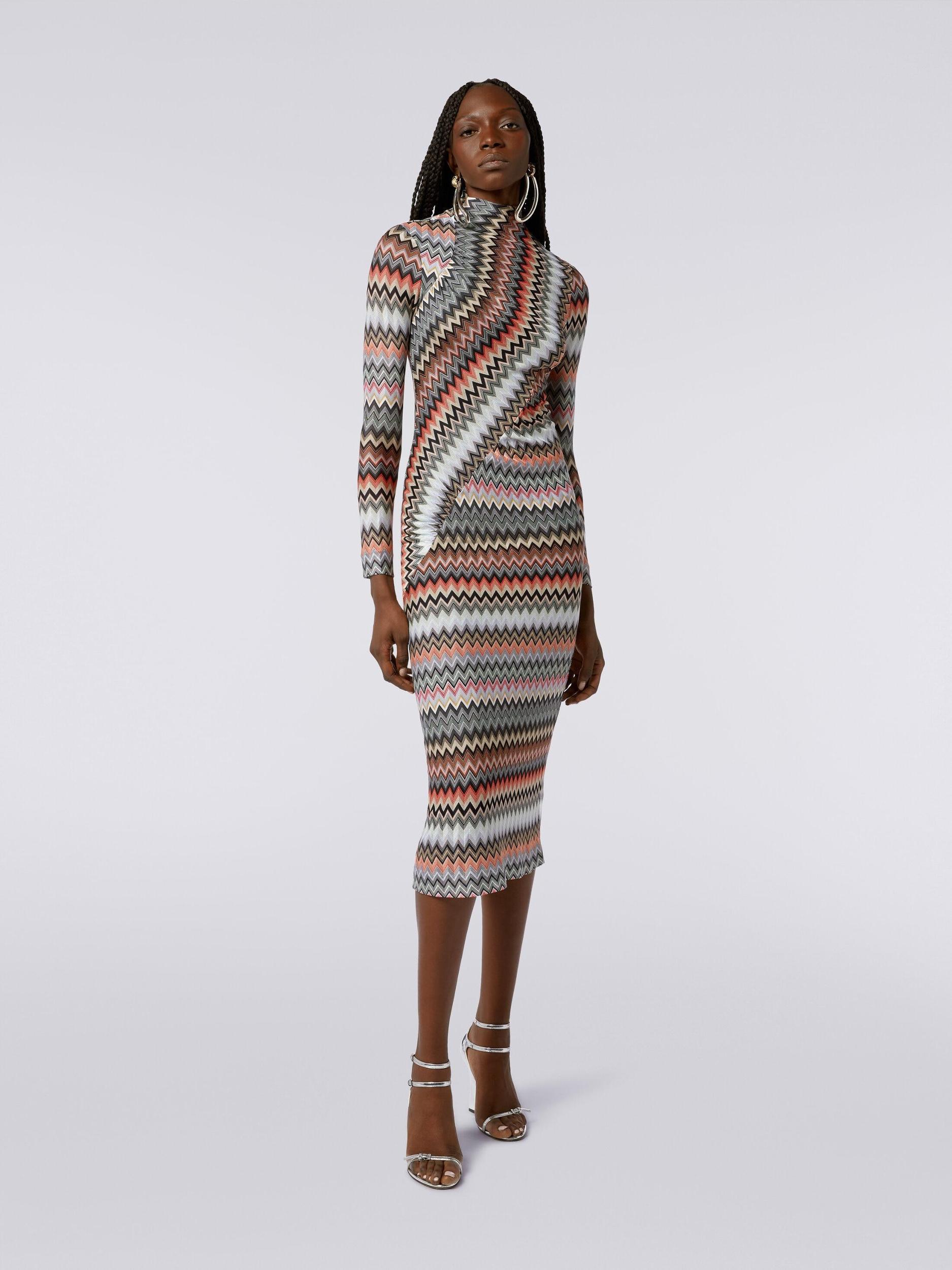 Long high-neck dress in zigzag viscose and cotton with gathers  Product Image