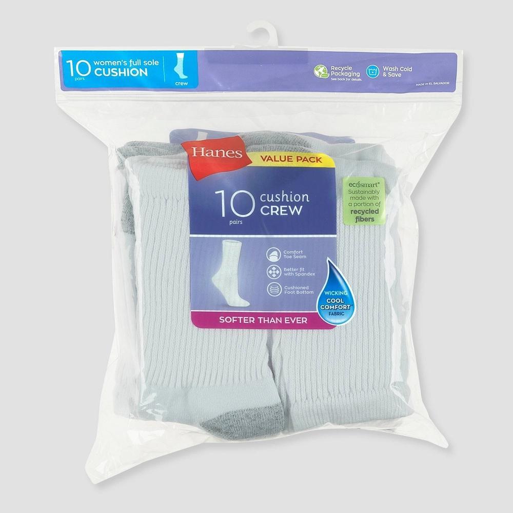 Hanes Womens Extended Size Cushioned 10pk Crew Socks 8-12: Midweight Knit, Reinforced Heel & Toe Product Image