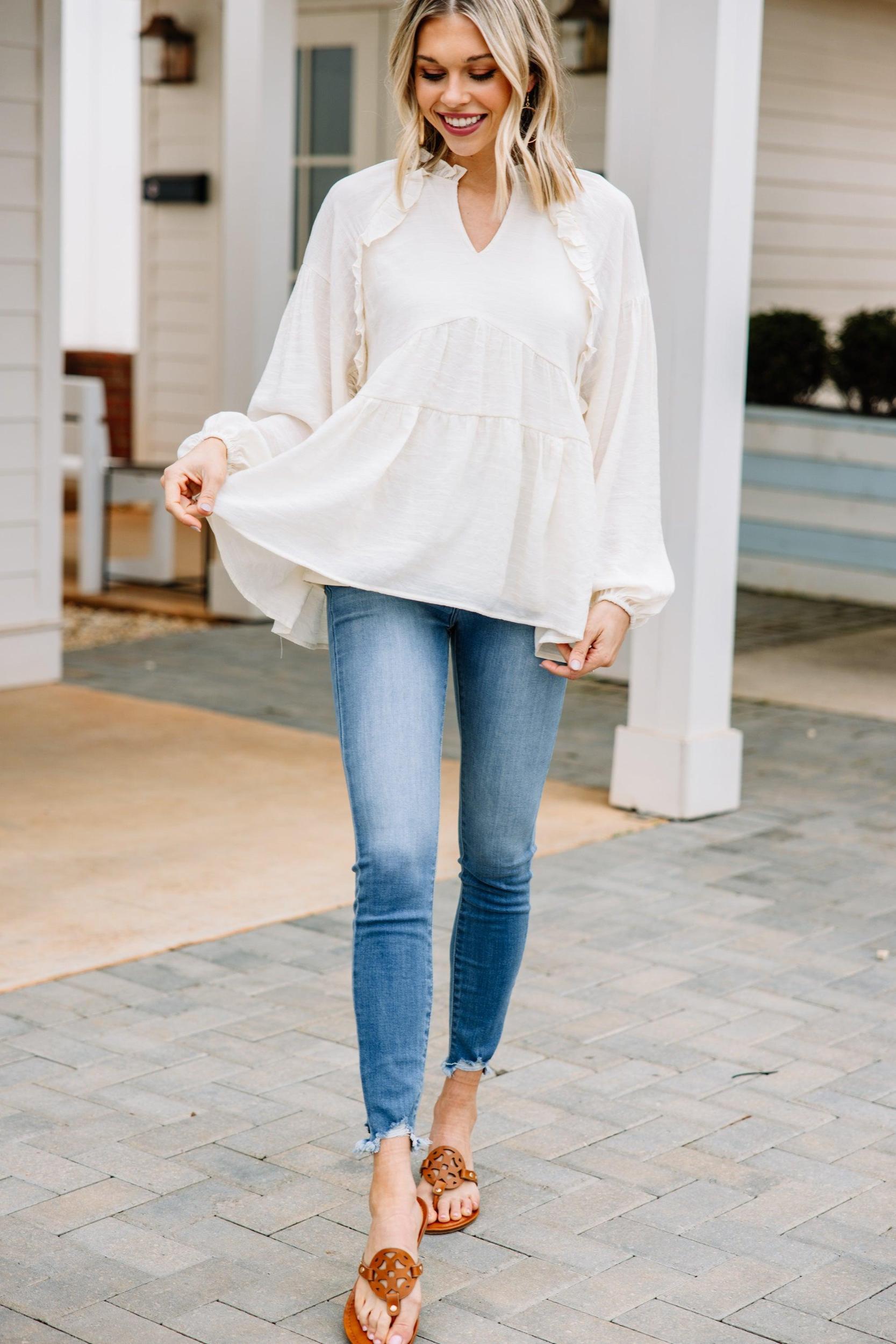 All Caught Up Cream White Ruffled Tunic Female Product Image