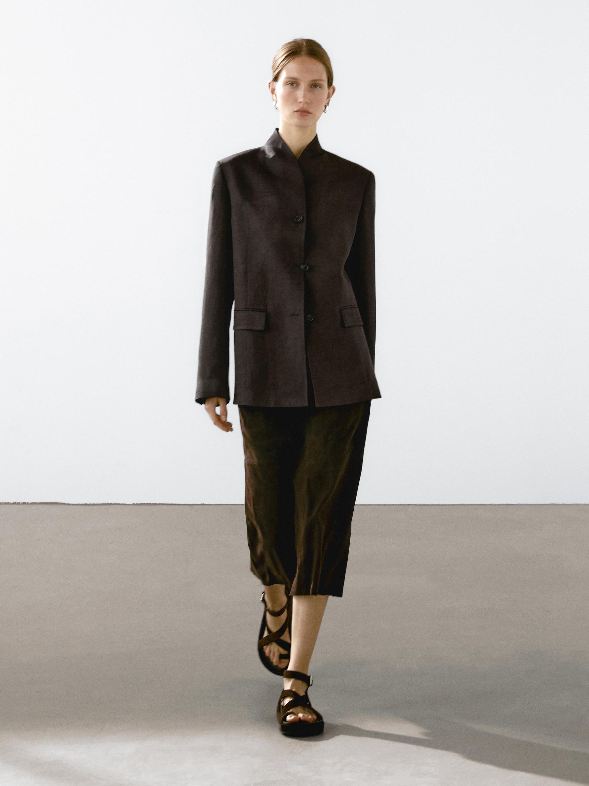 Linen blend high neck blazer Product Image