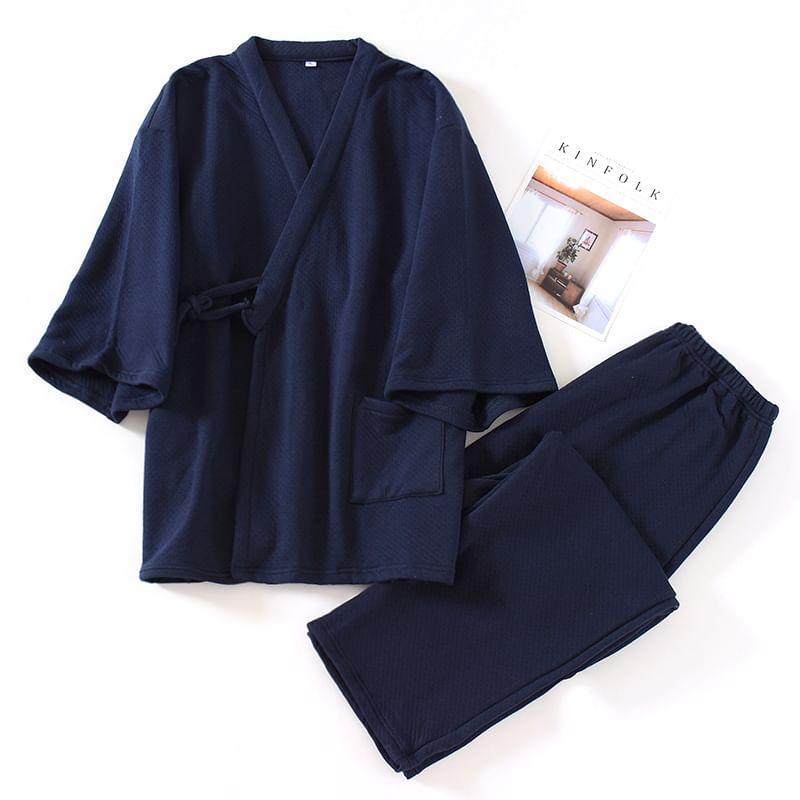 Pajama Set: Elbow-Sleeve Plain Kimono Top + Pants Product Image