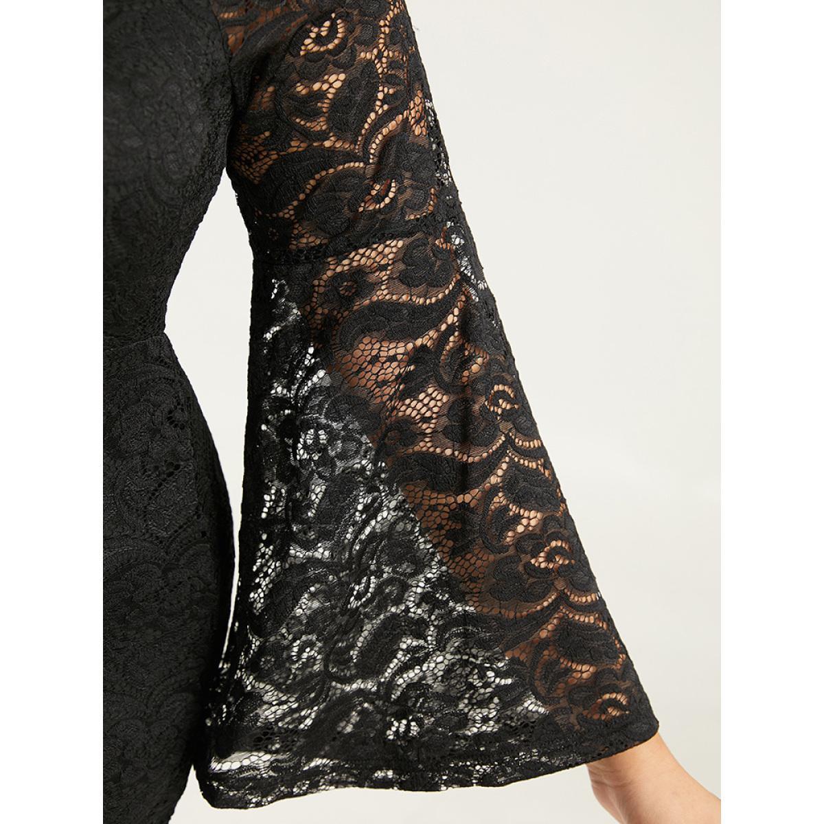 Plus Size Plain Crochet Lace Mesh Bell Sleeve Dress Black Women Glamour Plain Scoop Neck Long Sleeve Curvy Knee Dress BloomChic 12/L Product Image