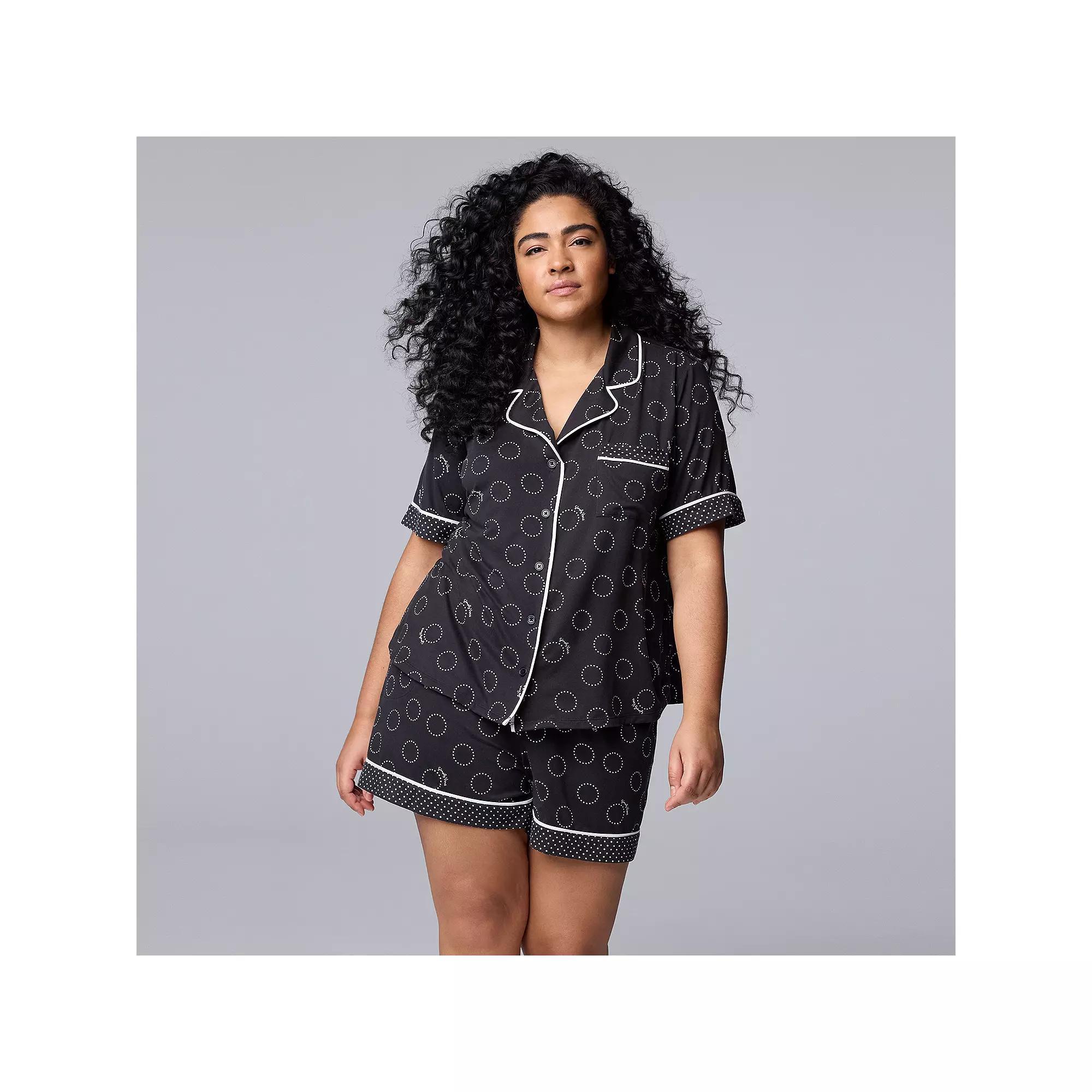 Plus Size Simply Vera Vera Wang Cozy Short Sleeve Notch Collar Pajama Top & Boxer Pajama Shorts Set, Womens Product Image