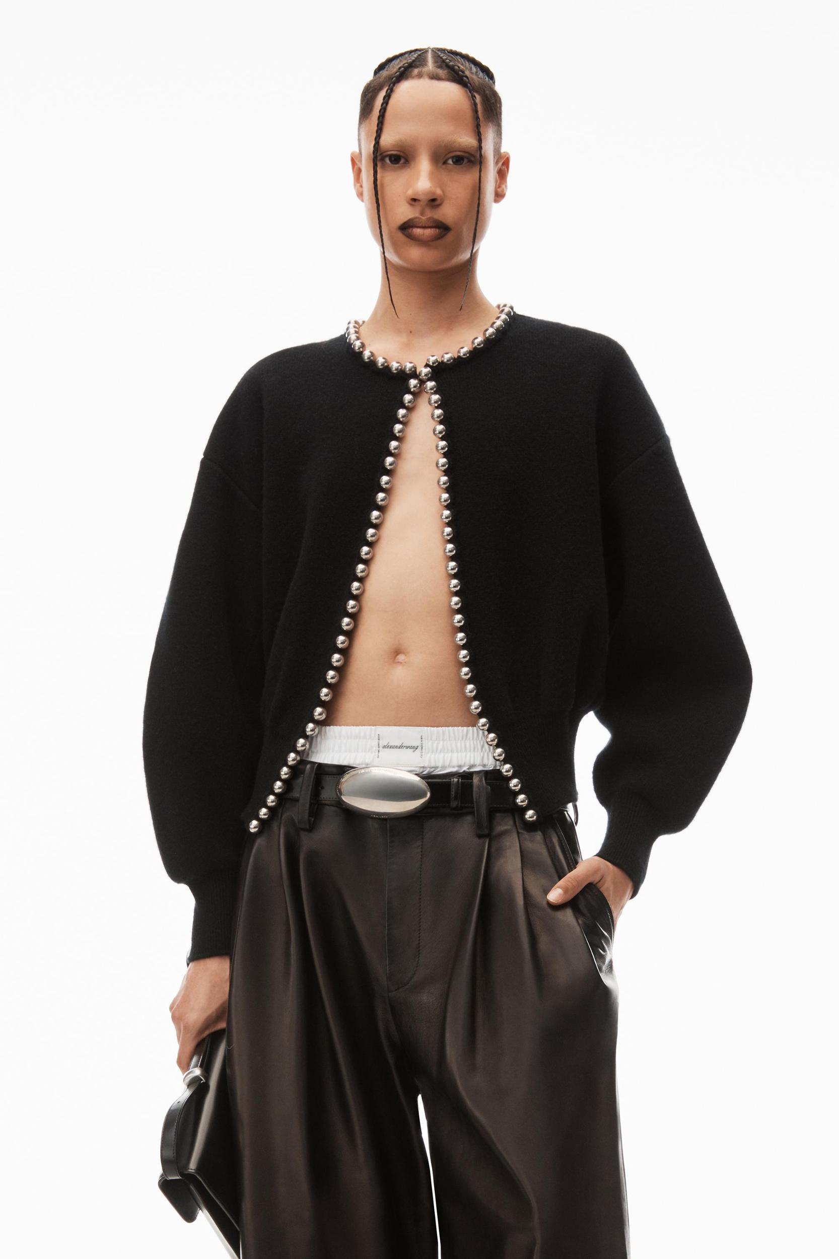 Crewneck Cardigan With Ball Chain Trim Product Image