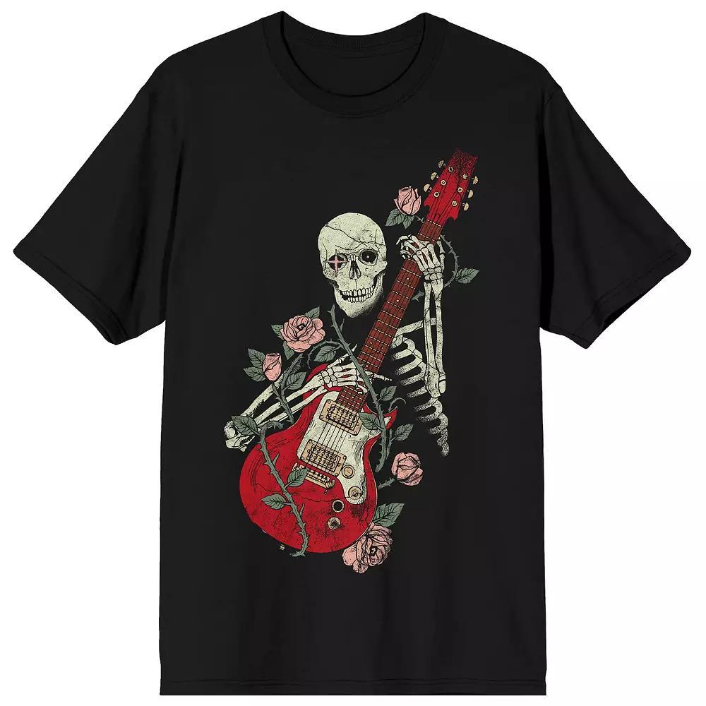Men's Skeleton with Guitar Rose Graphic Tee, Size: Large, Black Product Image