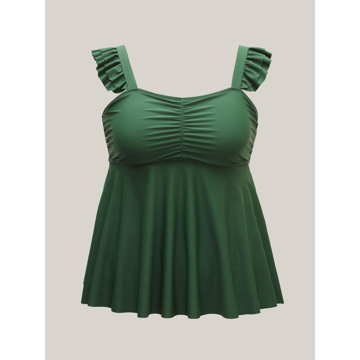 Plus Size Ruffled Straps Cinched Swim Dress Women's Swimwear ArmyGreen Beach Gathered High stretch Bodycon Heart neckline Curve Swim Tops BloomChic 10/M Product Image