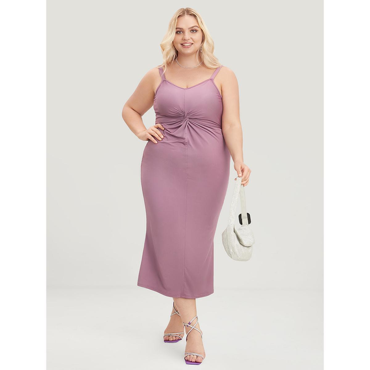 Plus Size Plain Sleeveless Twist Front Cami Dress Mauve Women Glamour Adjustable Straps Spaghetti Strap Sleeveless Curvy Midi Dress BloomChic 12/L Product Image