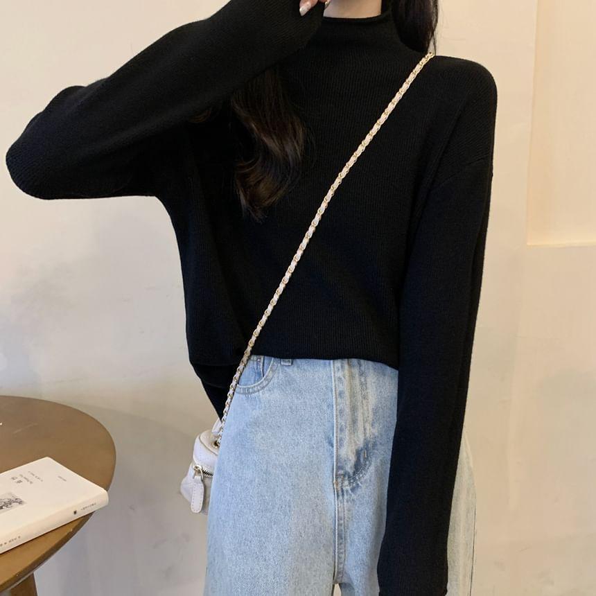 Long-Sleeve Mock Neck Ribbed Knit Top Product Image
