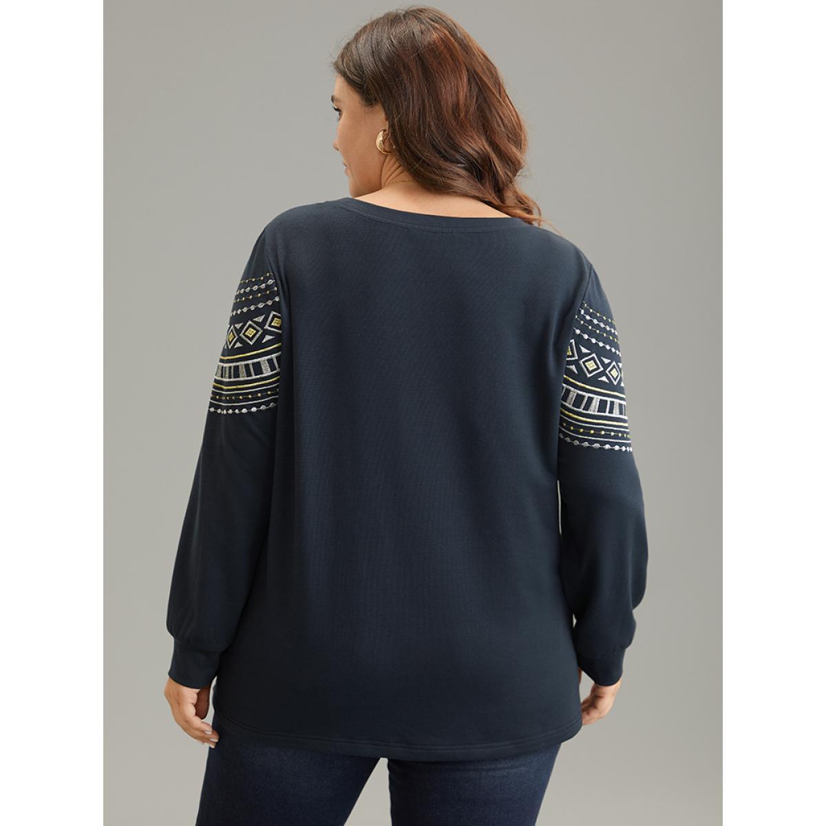 Plus Size Bandana Embroidered Crew Neck Elastic Cuffs Sweatshirt Women DimGray Casual Embroidered Round Neck Dailywear Sweatshirts BloomChic 30/6X Product Image