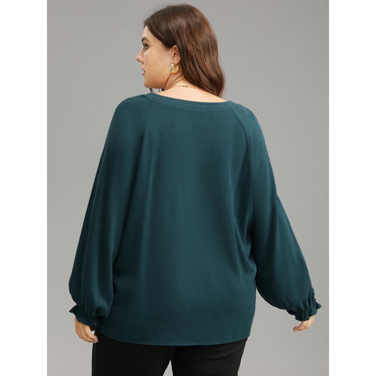 Plus Size Cyan Plain Raglan Sleeve Plicated Detail Blouse Women Office Long Sleeve V-neck Work Blouses BloomChic 28/5X Product Image