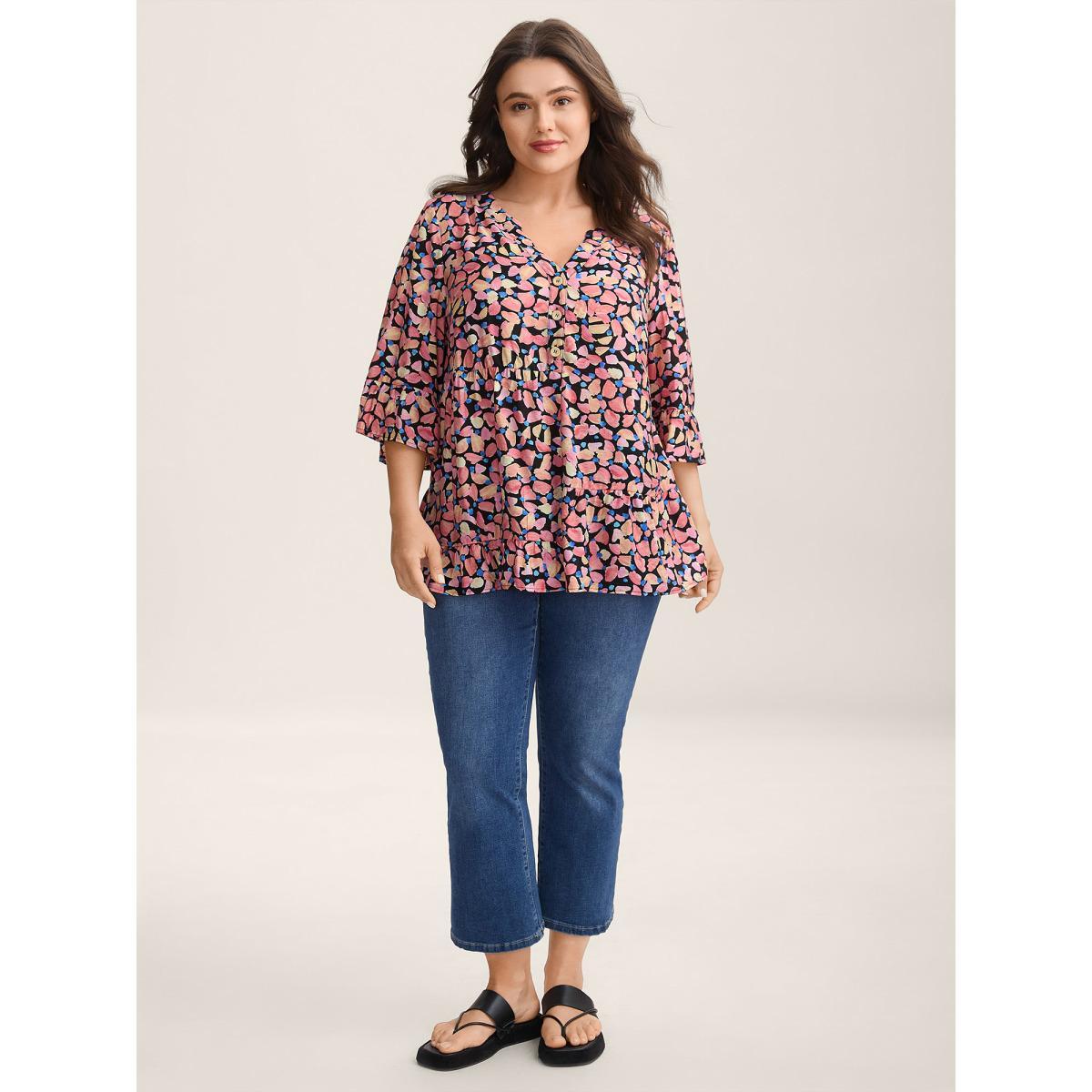 Plus Size Black Floral Notched Collar Button Detail Blouse Women Elbow-length sleeve Flat collar with V-notch Everyday-Casual Blouses BloomChic 18-20/2X Product Image