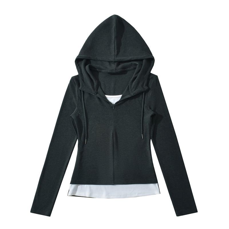 Long-Sleeve Two Tone Mock Two-Piece Hooded Tee Product Image