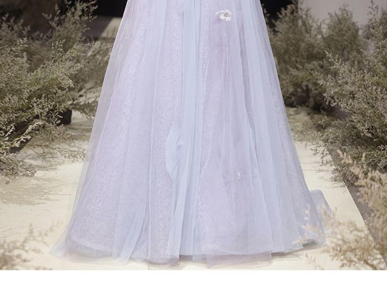 Off-Shoulder Shirred A-Line Mesh Evening Gown Product Image