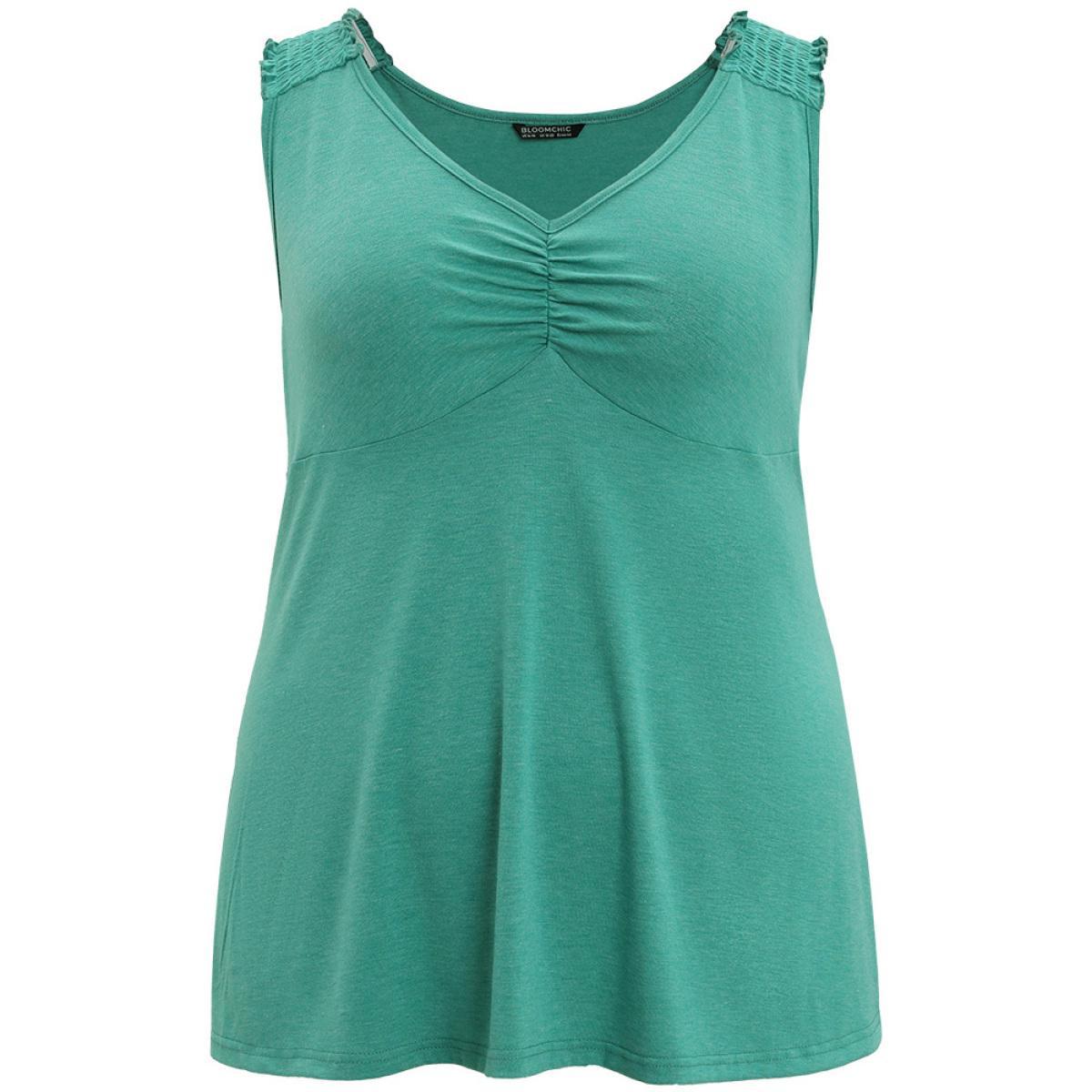 Plus Size Plain V Neck Ruched Shirred Tank Top Women Emerald Elegant Plain V-neck Dailywear Tank Tops Camis BloomChic 22-24/3X Product Image