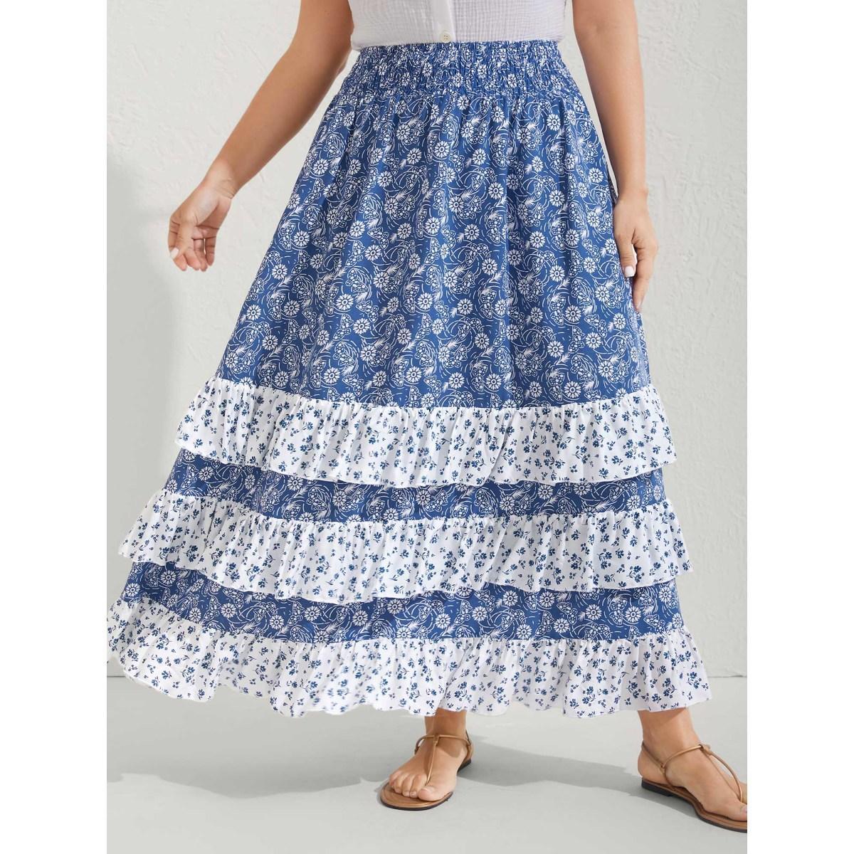 Plus Size Floral Patchwork Tiered Maxi Skirt Women Mediumblue Gathered Loose No stretch Side seam pocket Vacation Skirts BloomChic 18-20/2X Product Image