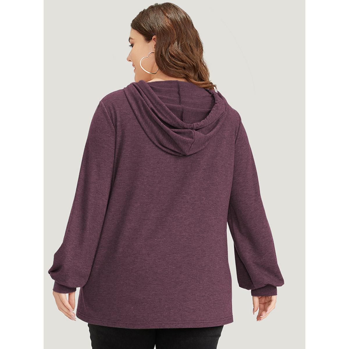 Plus Size Plain Drawstring Button Up Hooded Elastic Cuffs Sweatshirt Women Burgundy Casual Elastic cuffs Hooded Dailywear Sweatshirts BloomChic 28/5X Product Image