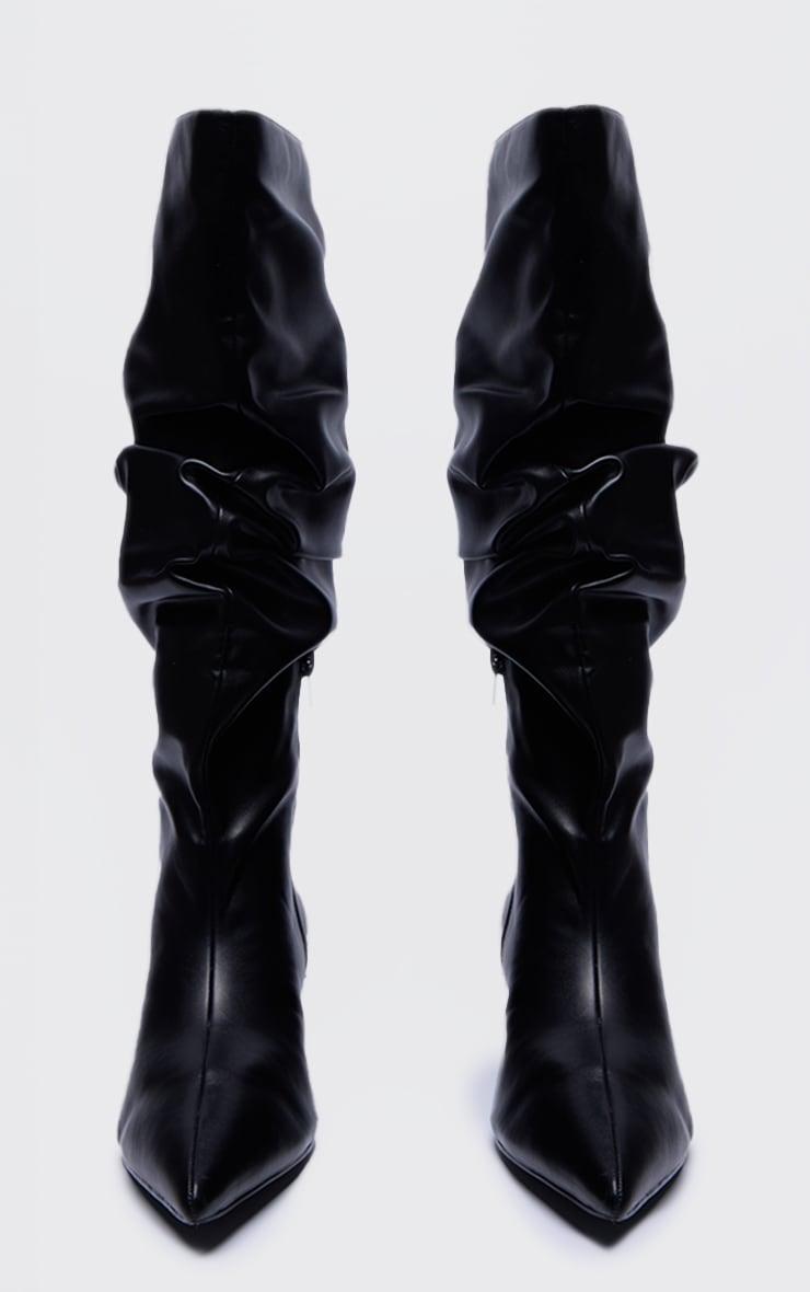 Black PU Wide Fit Gathered Low Heel Knee High Boots Product Image