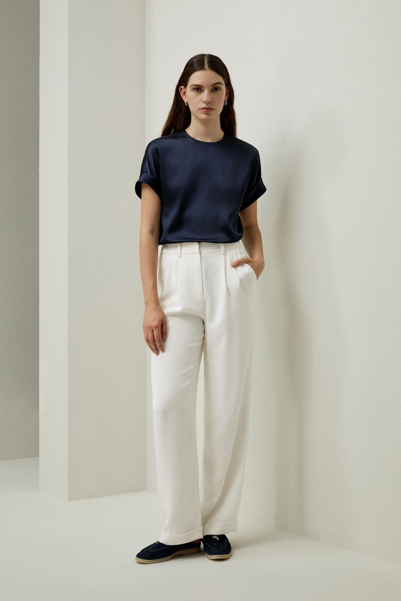 Obliuque Sleeves Round Neck Silk Tee Product Image