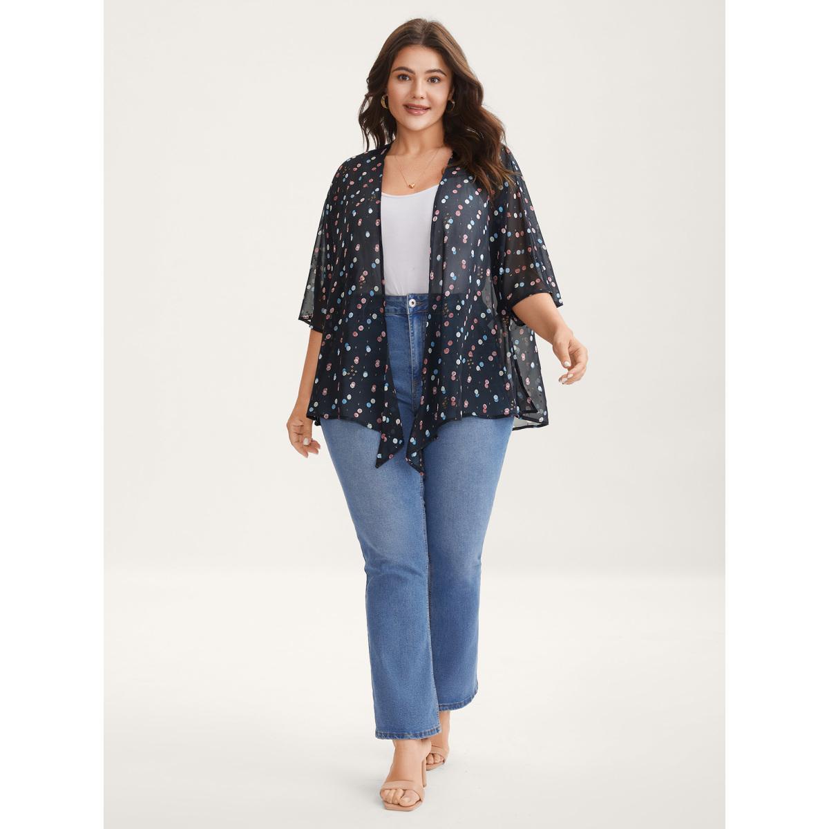 Plus Size Chiffon Sheer Polka Dots Wrap Kimono Women BlackFlower See through Loose Everyday-Elegant Kimonos BloomChic 12/L Product Image