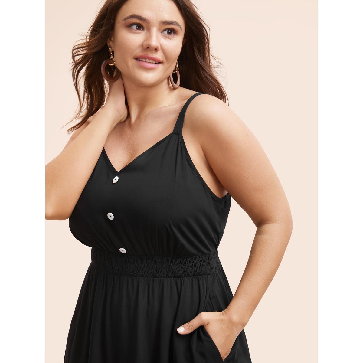 Plus Size Woven Ribbon Button Detail Cami Dress Black Women Resort Woven ribbon&lace trim V-neck Sleeveless Curvy BloomChic 28/5X Product Image