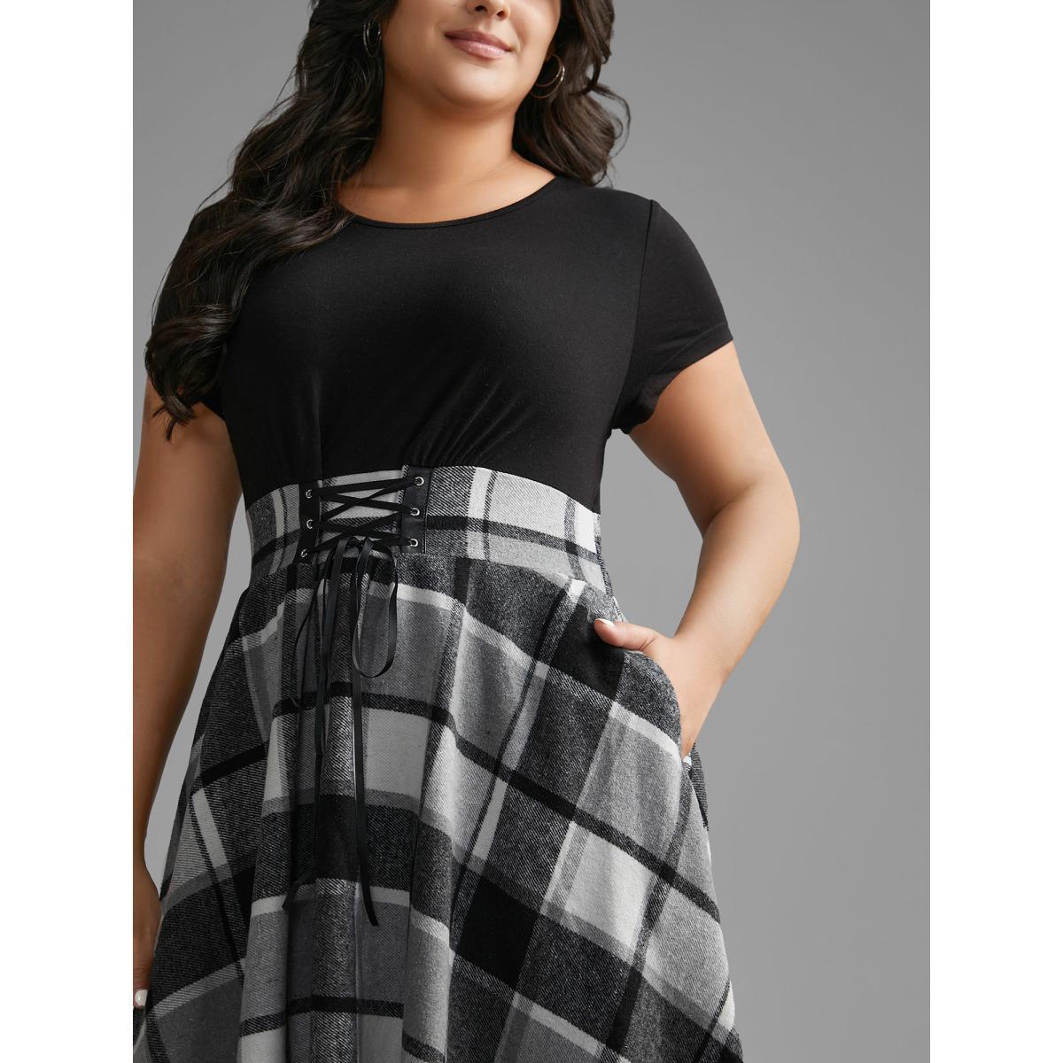 Plus Size Elastic Plaid Asymmetrical Hem Dress Black Women Cocktail Wraparound straps Party Curvy Bloomchic 12/L Product Image