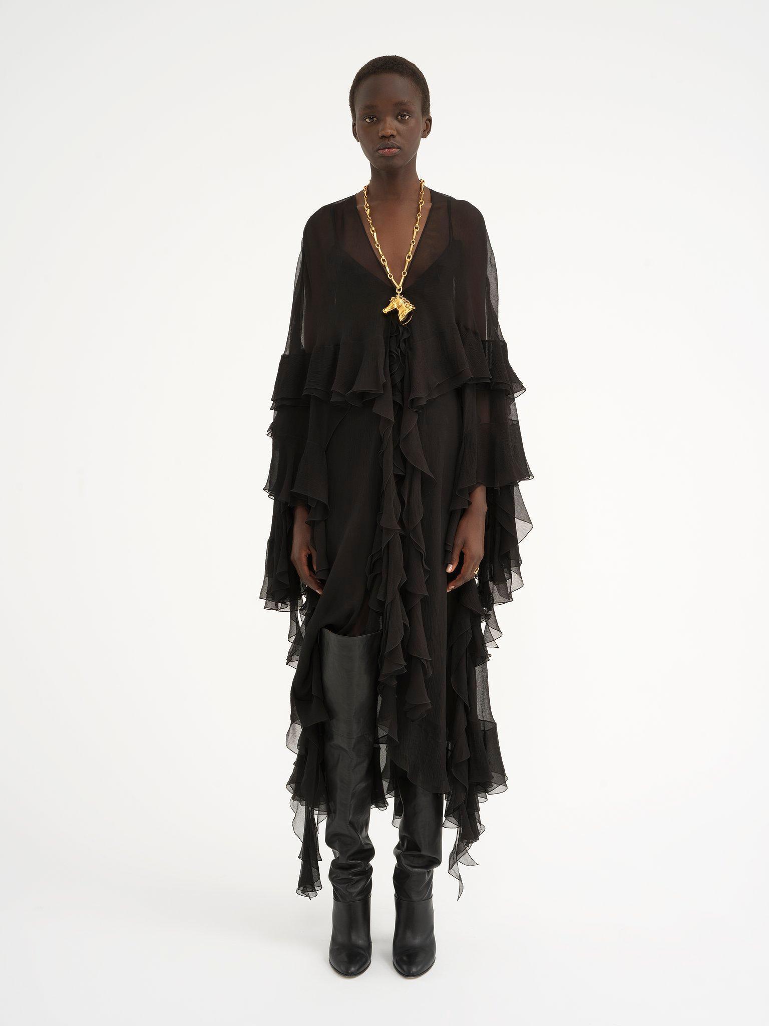 Long ruffled dress in silk mousseline Product Image