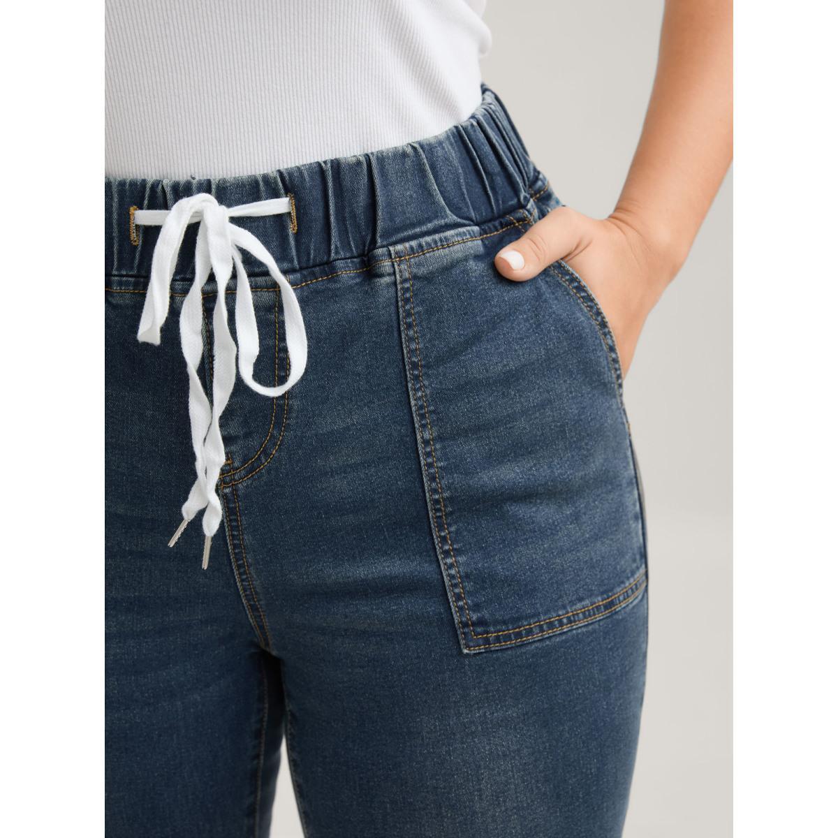 Plus Size Drawstring Elastic Waist Roll Hem Jeans Women DarkBlue Casual Plain Drawstring High stretch Slanted pocket Jeans BloomChic 26/4X Product Image