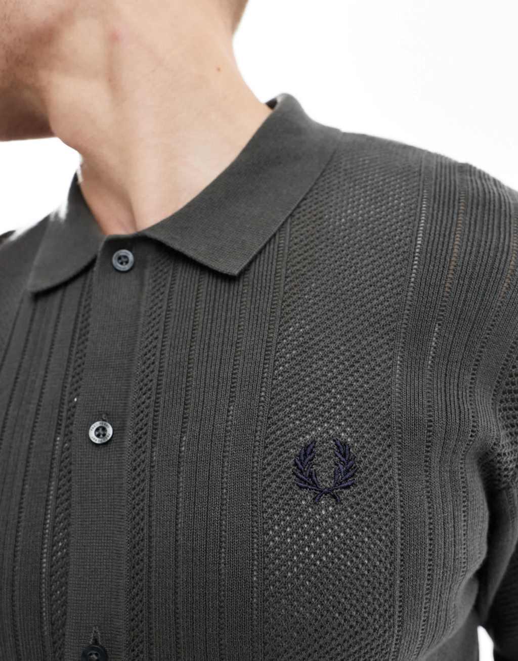 Fred Perry pointelle panel long sleeve knitted shirt in dark green Product Image