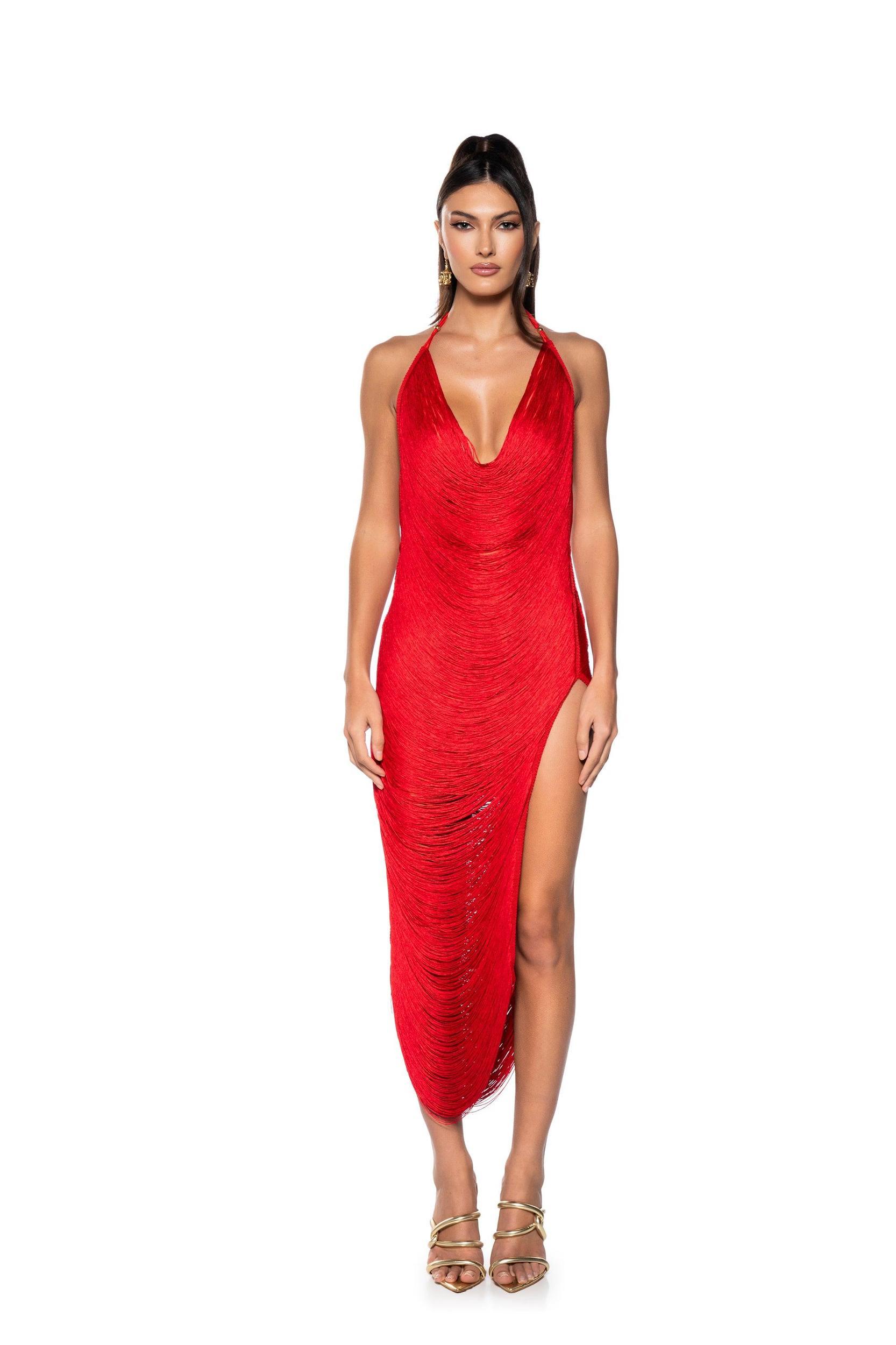 GIANINA FRINGED COWL NECK MAXI DRESS IN RED Product Image