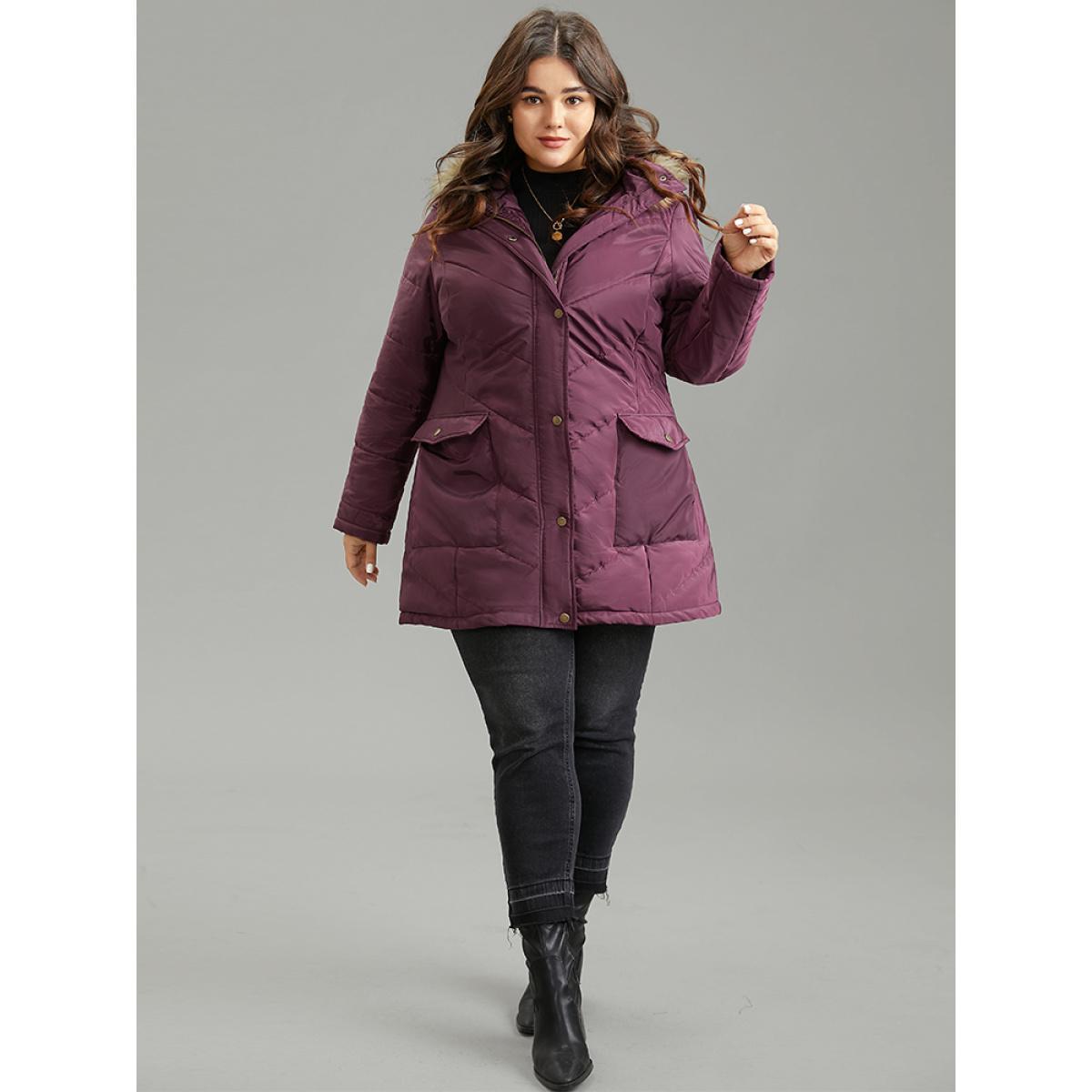 Plus Size Solid Flap Pocket Fuzzy Trim Padded Coat Women Purple Casual Lined Ladies Dailywear Winter Coats BloomChic 30/6X Product Image