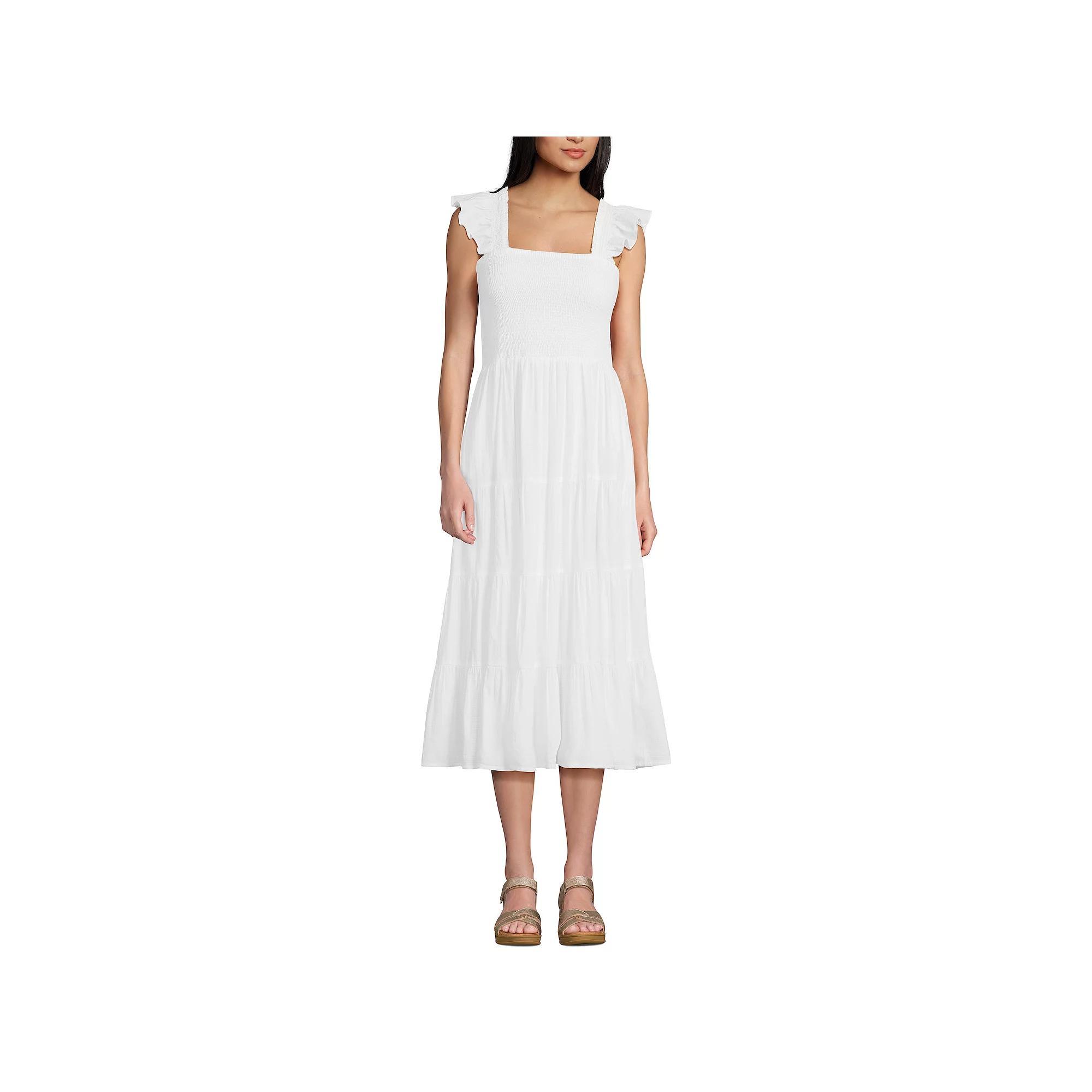 Women's Lands' End Cotton Dobby Smocked Ruffle Shoulder Midi Dress, Size: Large, White Product Image