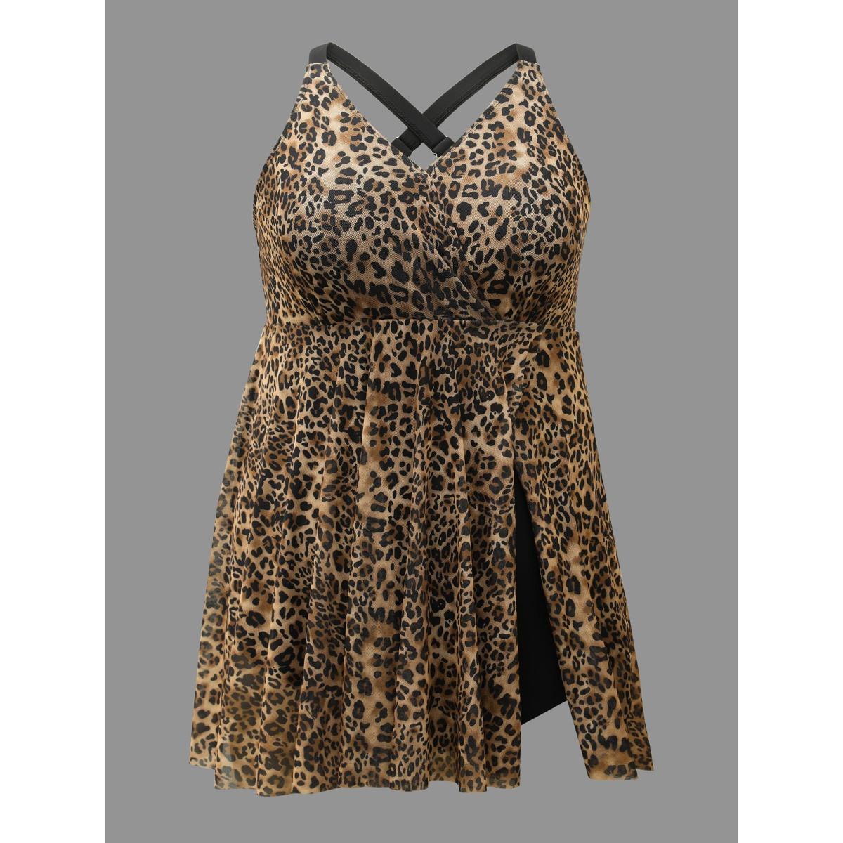 Plus Size Leopard Print Split Side Hem Swim Dress Women's Swimwear Leopard Beach Bodycon Overlap Collar High stretch Curve Swim Dresses BloomChic 22-24/3X Product Image