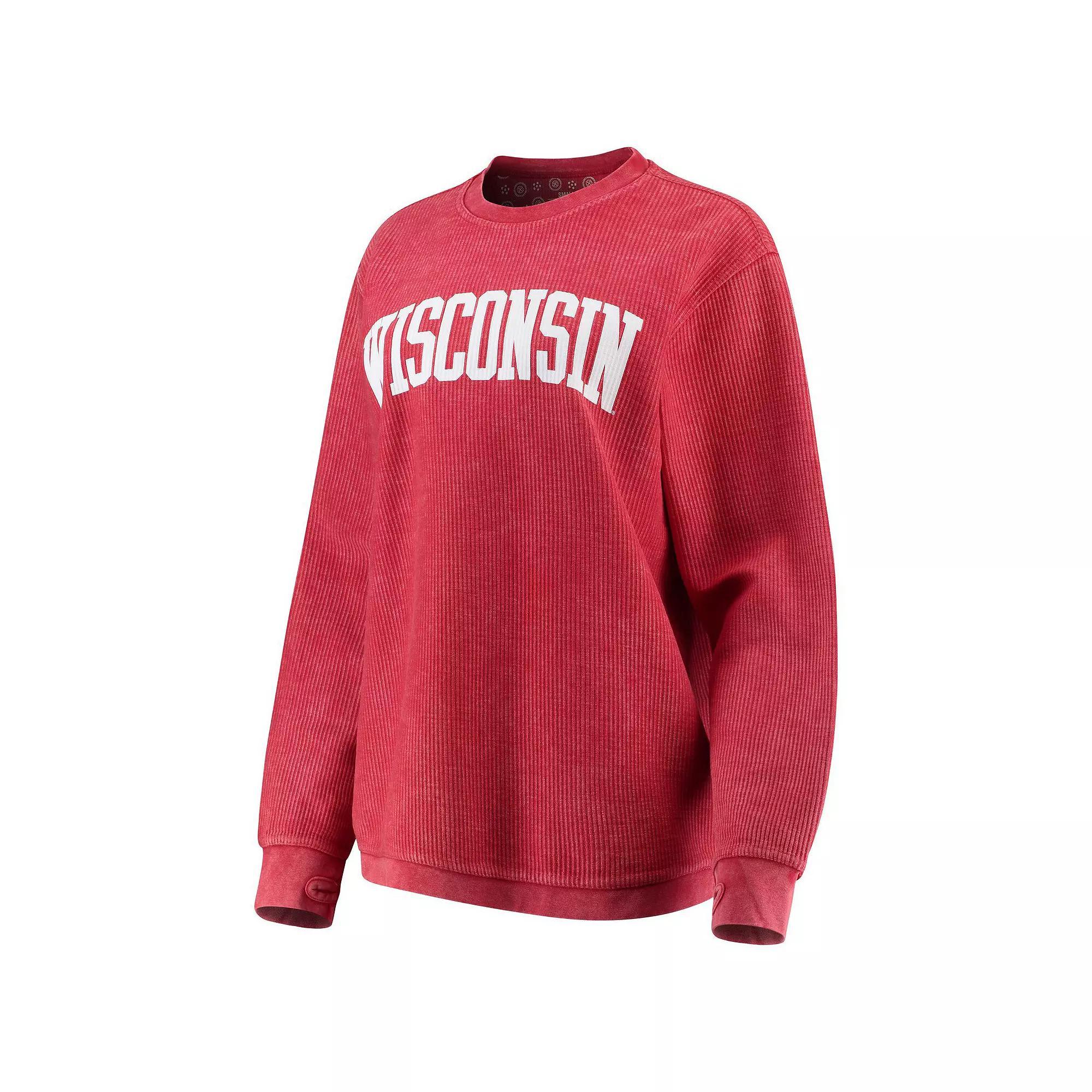 Womens Pressbox Wisconsin Badgers Comfy Cord Vintage Wash Basic Arch Pullover Sweatshirt Product Image