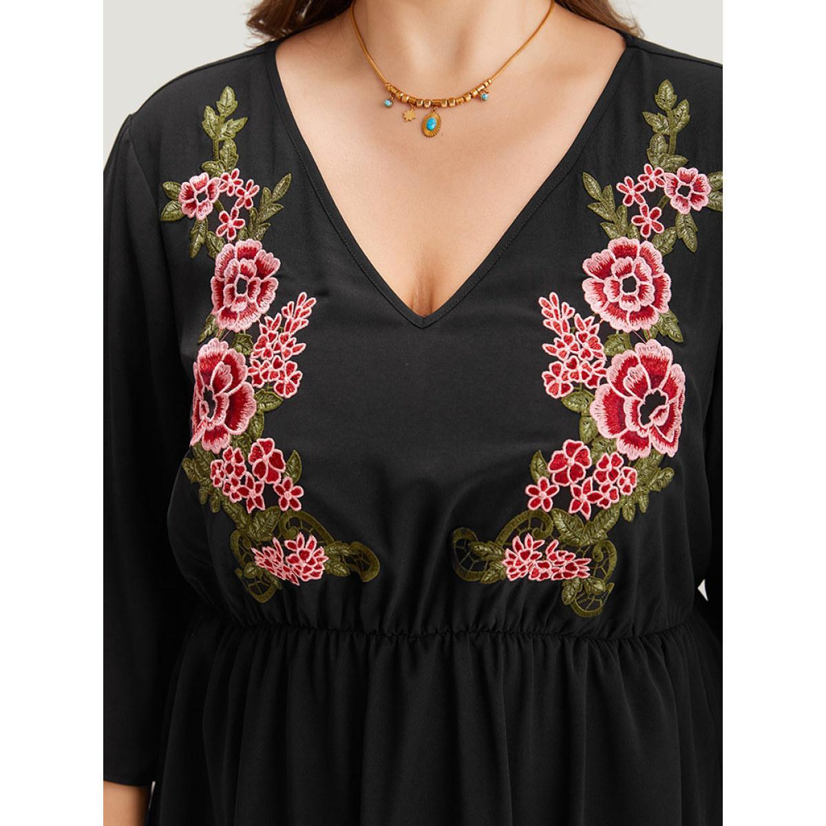 Plus Size Floral Embroidered Pocket V Neck Dress Black Women Vacation Embroidered V-neck Elbow-length sleeve Curvy Midi Dress BloomChic 10/M Product Image