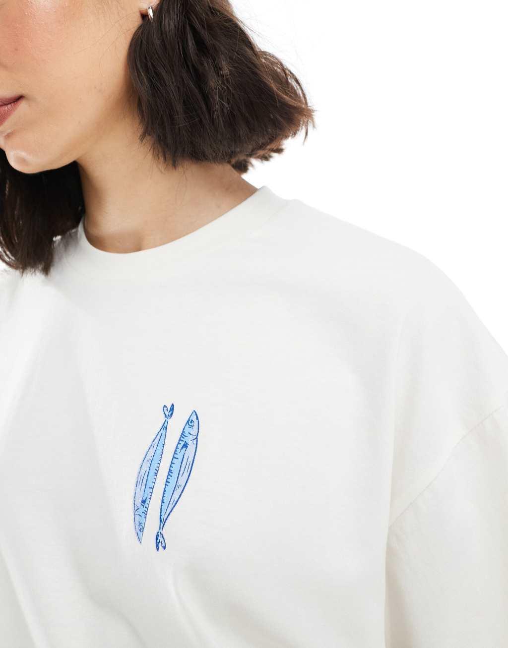 Miss Selfridge oversized sardine stripe back print graphic tee Product Image