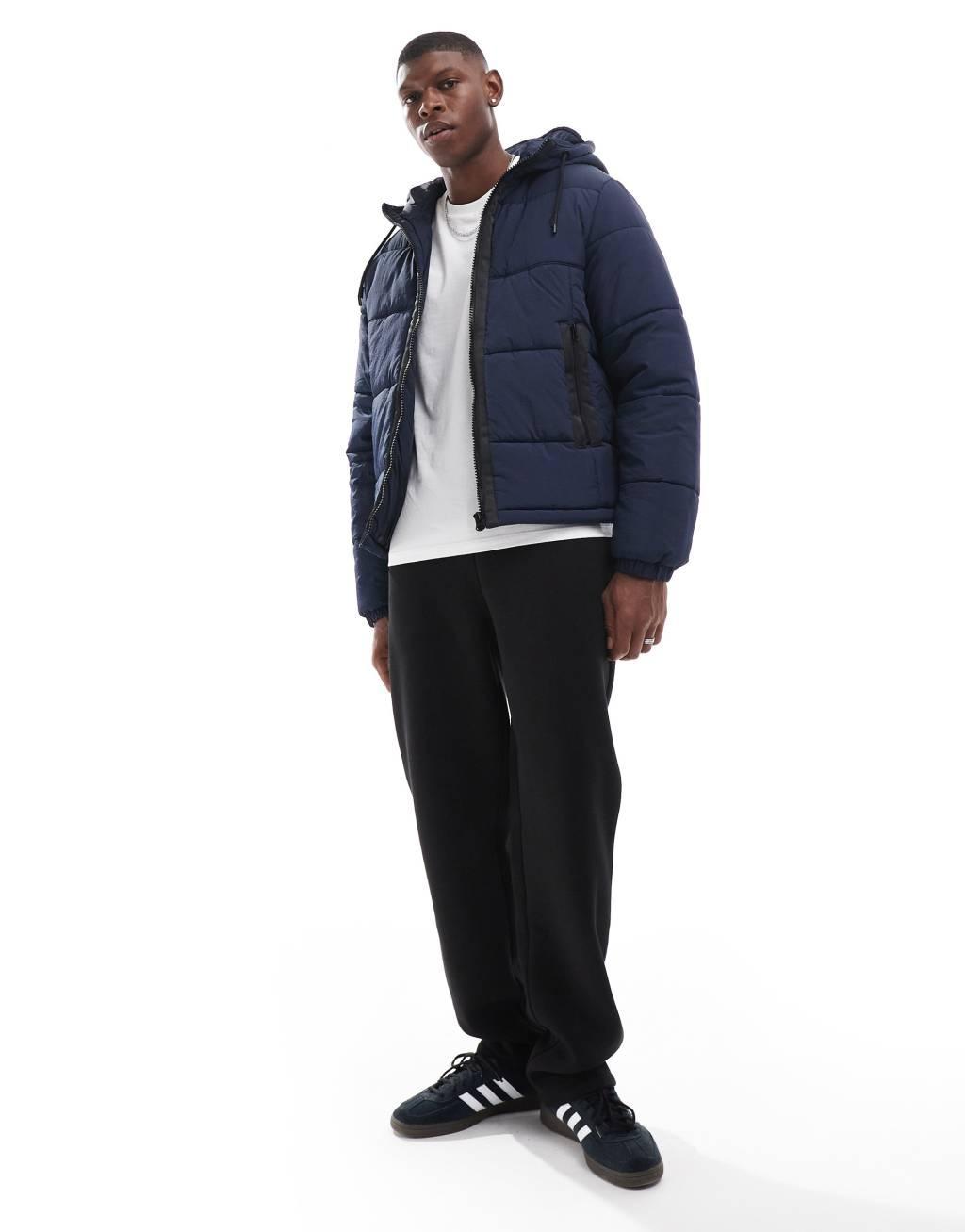 ASOS DESIGN nylon puffer jacket with contrast trims in navy Product Image