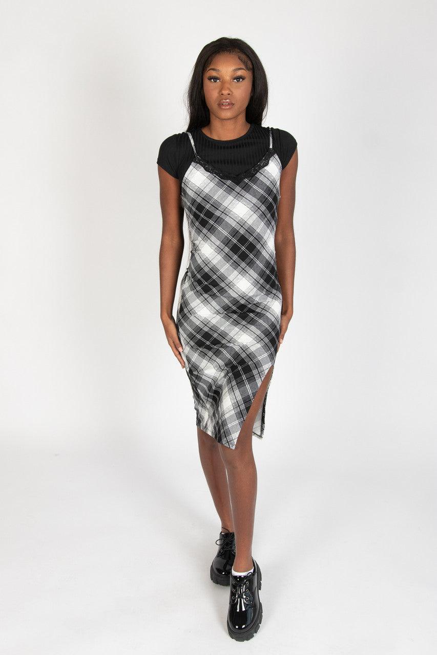 Lace Trim Plaid Midi Dress With Tee Product Image