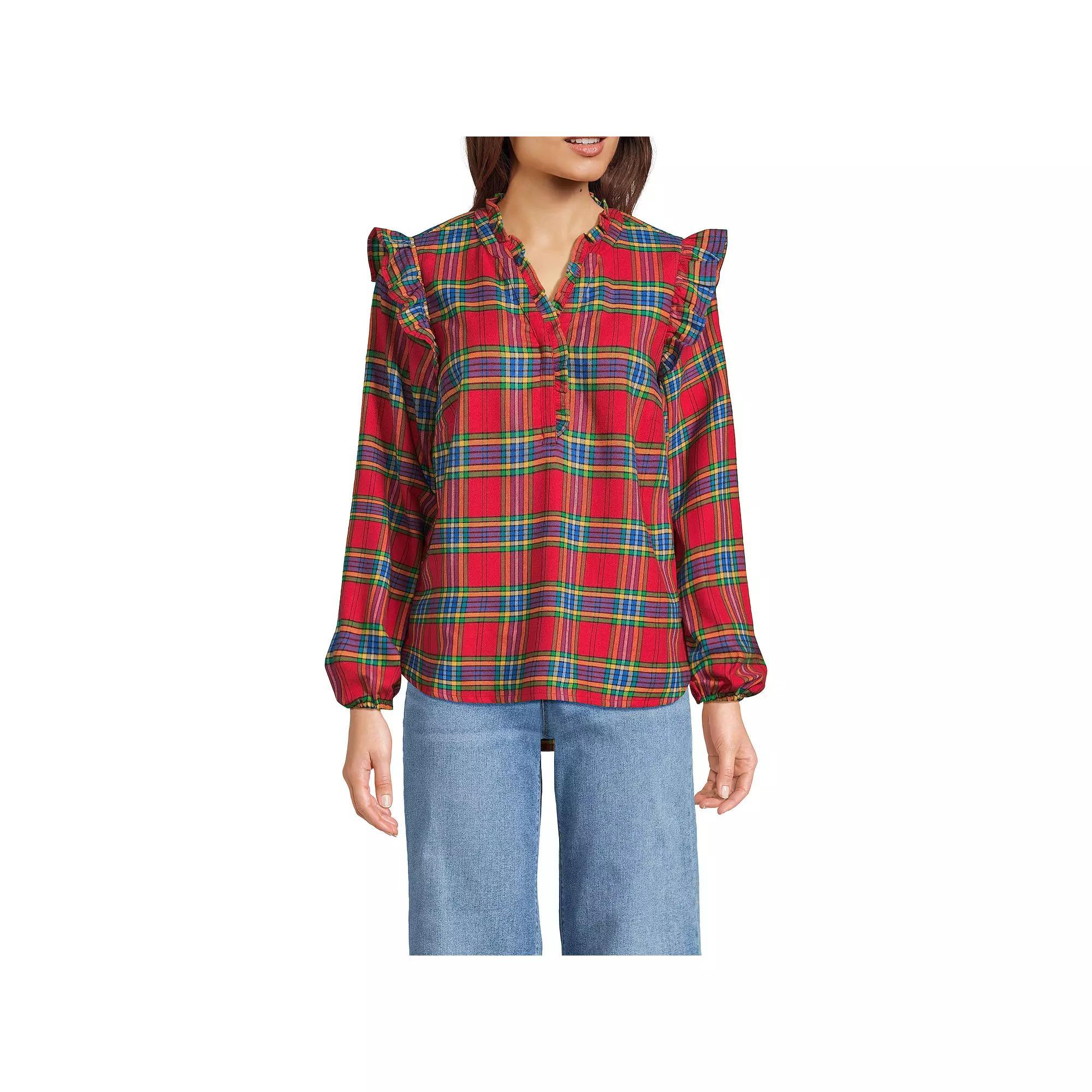 Women's Lands' End Ruffle Front Flannel Popover Blouse, Size: XL, Deep Green Plaid Product Image