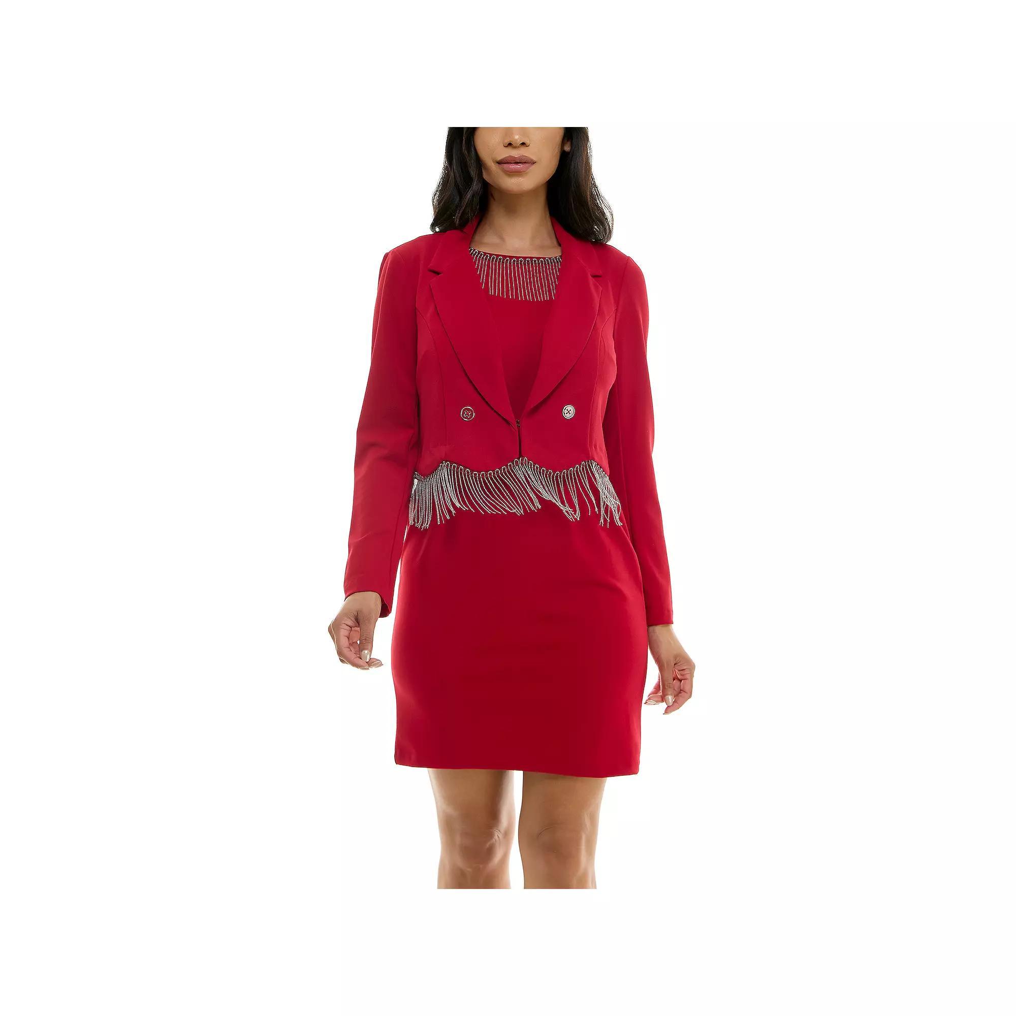 Women's Nina Leonard 2-Piece Fringed Dress and Blazer Set, Size: Large, Grey Product Image