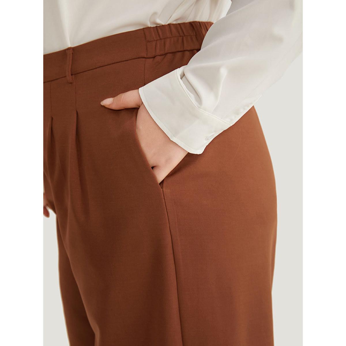 Plus Size Solid Pocket Plicated Detail Pants Women Chocolate Office Straight Leg High Rise Work Pants BloomChic 28/5X Product Image