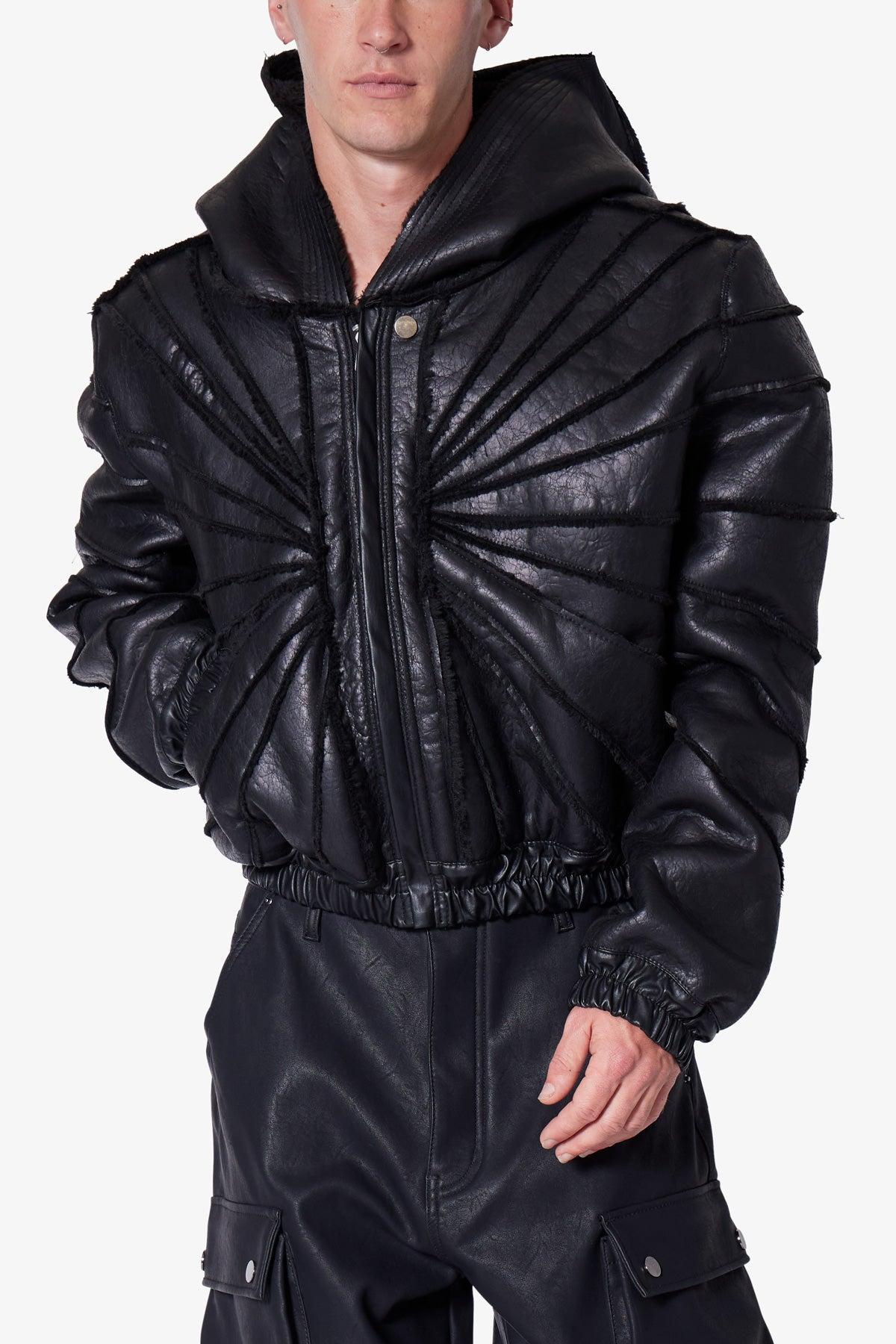 Leather Web Cropped Hoodie - Black Product Image