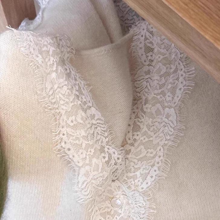 Long Sleeve V-Neck Button Panel Lace Knit Top Product Image