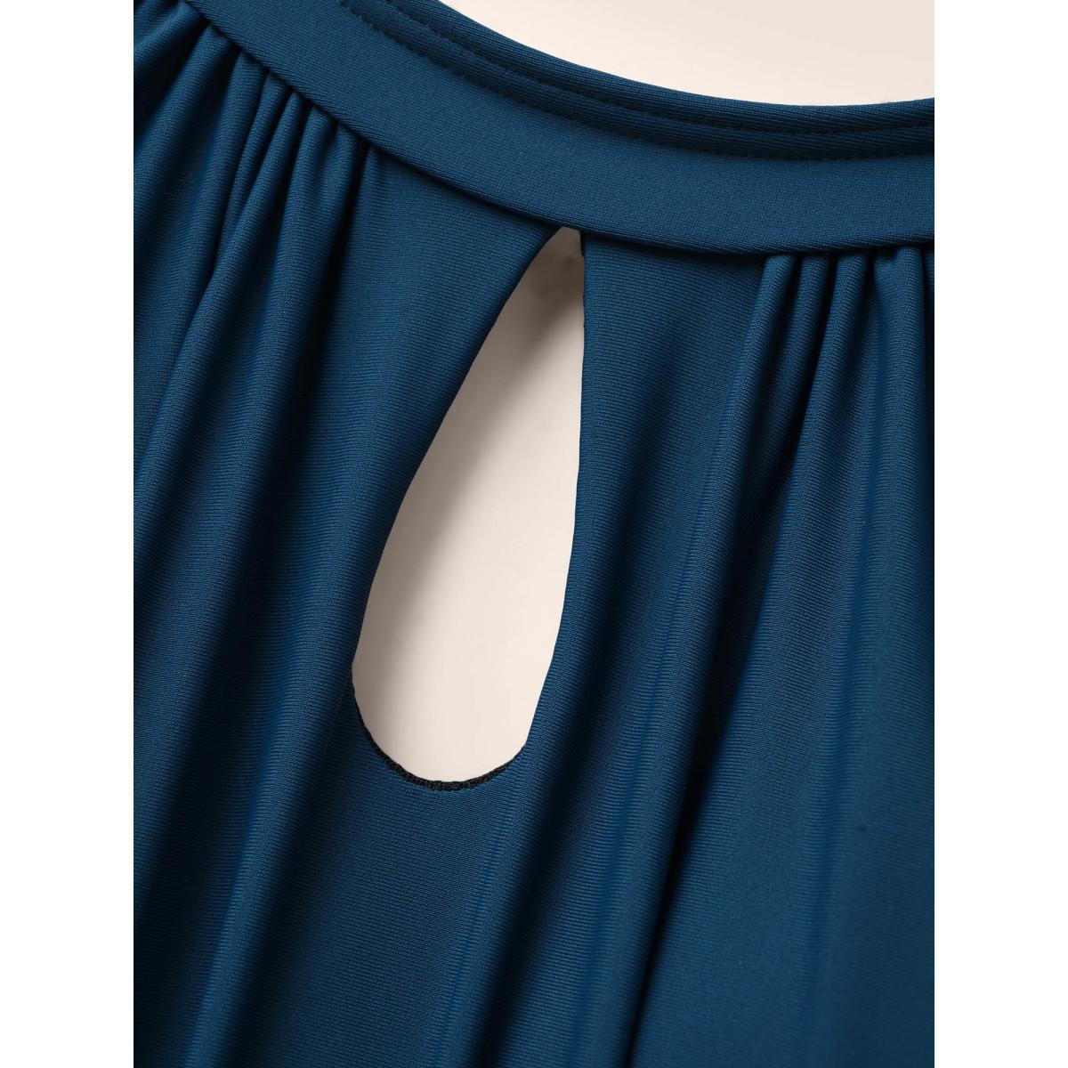 Plus Size Solid Keyhole Elastic Waist Gathered One Piece Swimsuit Women's Swimwear Indigo Beach Gathered Curve Bathing Suits High stretch One Pieces BloomChic 14-16/1X Product Image