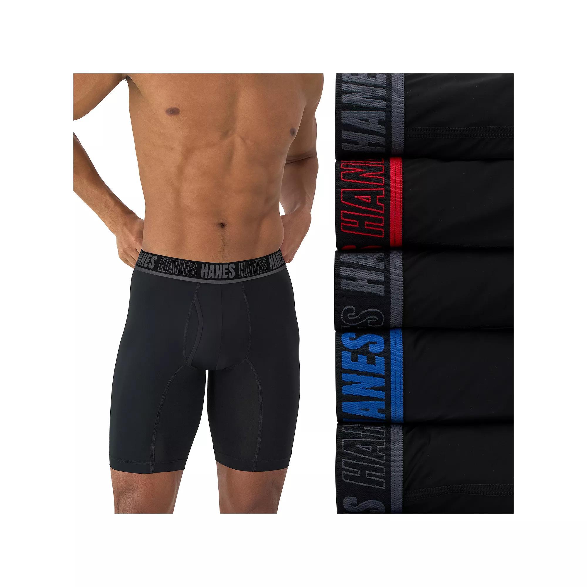 Hanes Moves Ultimate 4+1 Bonus Pack Men's Anti-Chafe Long Leg Boxer Brief Underwear X-Temp 8", Size: Medium, Black Product Image