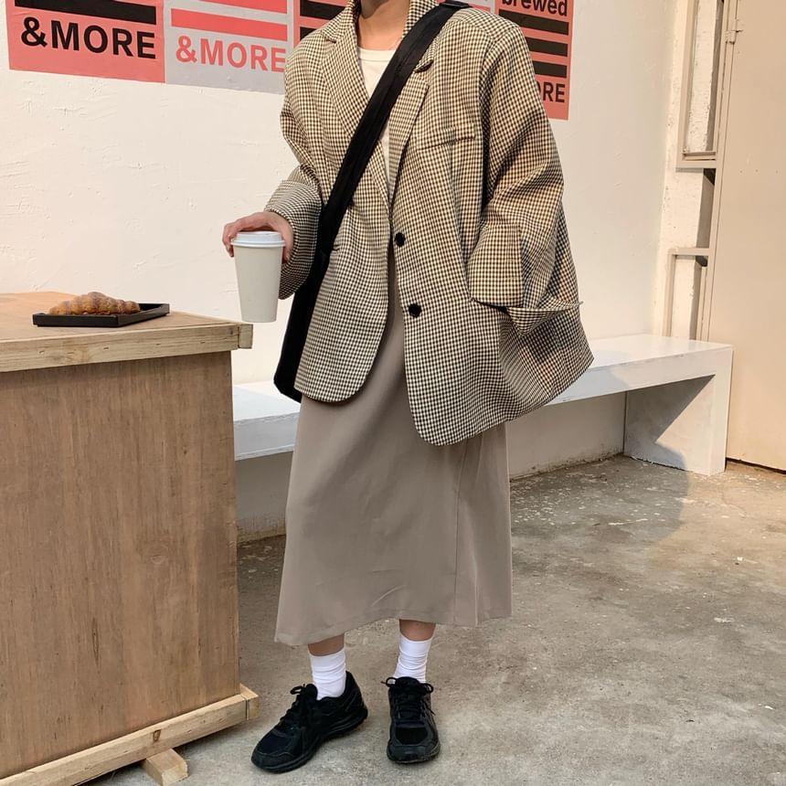 Plaid Single-Breasted Blazer / High Waist Midi A-Line Skirt Product Image