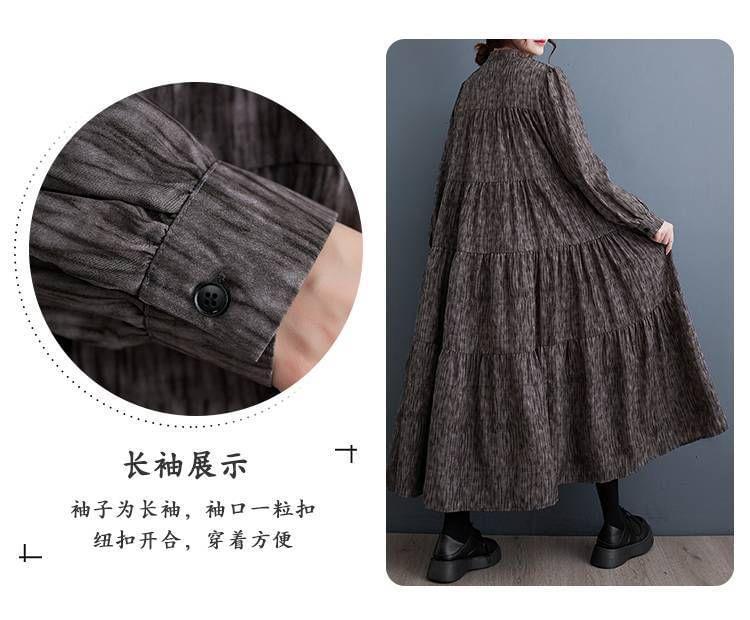 Long Sleeve Stand Collar Printed Loose Fit Maxi Dress Product Image
