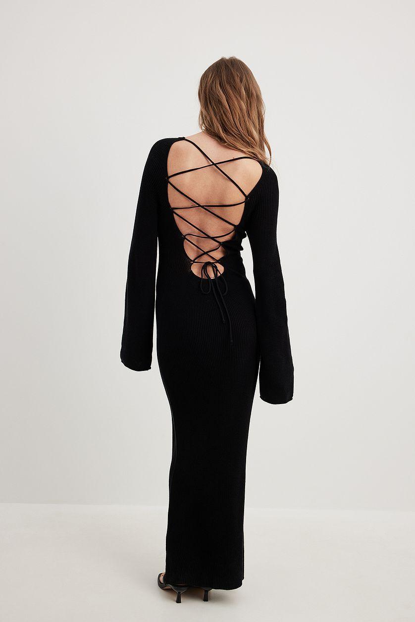 Open Back Lace Detail Knitted Maxi Dress Beige Product Image
