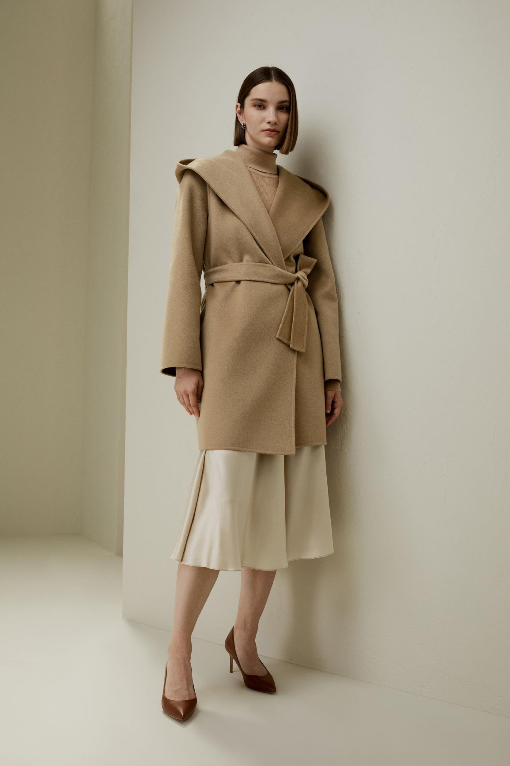 Cashmere-Wool-Blend Belted Short Hooded Coat Product Image