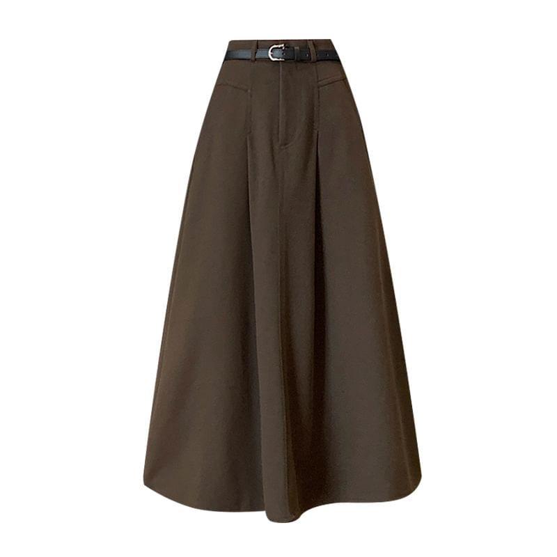 High Waist Plain Midi A-Line Skirt Product Image